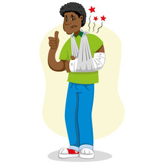 Mascot ben person man, with arm bandaged, fracture, immobilized, using temporary sling. Ideal for informational and institutional related to medicine