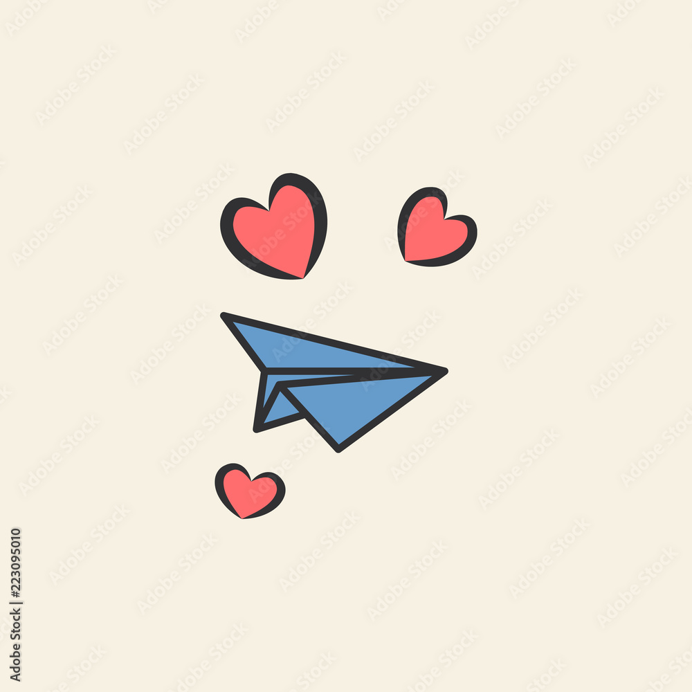 Poster paper airplane with hearts sketch illustration. element of colored wedding icon for mobile concept a
