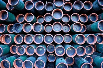 Full frame view of  a rack of numbered iron pipes used for industrial oil & gas drilling