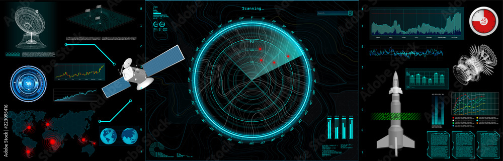 Poster Command Center Screen in HUD style. Topographic Map, Contour. Futuristic Interface Elements and Earth Landscape Scanning. Concept of a Conditional Geography Scheme in HUD Style. Vector Elements Set