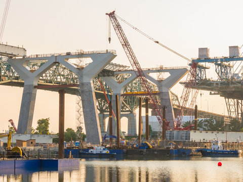 Major bridge construction site at the golden hour, Montreal, quebec, Canada.