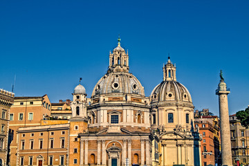 Fototapeta na wymiar Distinctive double domes of Santa Maria di Loreto in Rome, Italy