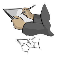 Close-up of hand working with stylus on digital tablet pc vector illustration sketch doodle hand drawn with black lines isolated on white background