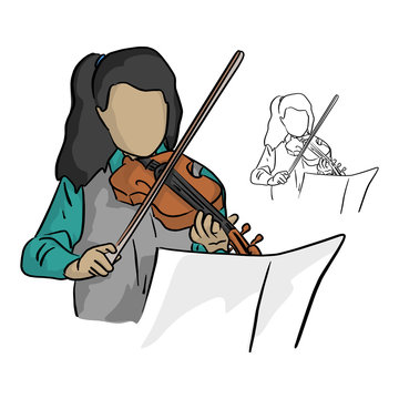 Cute little girl in a beautiful dress playing violin vector illustration sketch doodle hand drawn with black lines isolated on white background