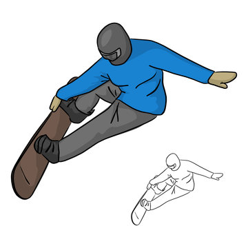 Snowboarder with helmet jumping through air vector illustration sketch doodle hand drawn with black lines isolated on white background