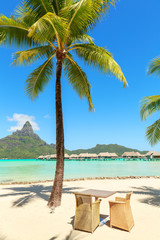 Table and two chairs under coconut palm tree on white sand beach with splendid tropical lagoon background, vertical composition