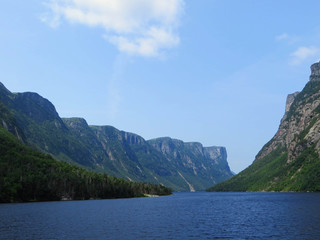 Looking back from the tour boat at the end of the fjord of the Western brook pond in Gros Morne National Park, Newfoundland and Labrador, Canada