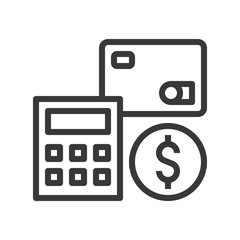 calculator, credit card and coin, interest rate icon concept, bank and financial related icon, editable stroke outline