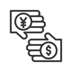 yen and dollar in hand, exchange money currency concept, bank and financial related icon, editable stroke outline