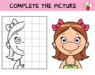 Kid girl's face. Copy the picture. Coloring book. Educational game for children. Cartoon vector illustration