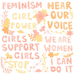 Hand-drawn letters, phrases set about feminism, flowers and plants, illustration