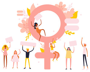 Small characters girl and boy feminists and big Venus symbol, trendy flat illustration