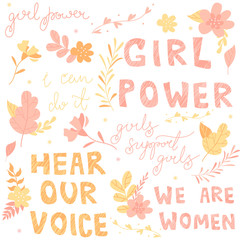Hand-drawn letters, phrases set about feminism, flowers and plants, colorful illustration