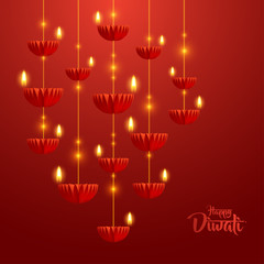 Happy Diwali. Hanging paper graphic of Diya lantern. Indian festival of lights. 
