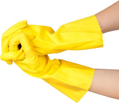 hand doing hand gestures while wearing a rubber gloves