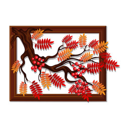 Wall-mounted decor handmade wooden frame with twigs, ripe berries and leaves of red rowan or mountain ash. Element of interior design on theme of golden autumn and thanksgiving day isolated on white.
