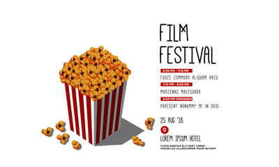 Film Festival Vector Invite Illustration with Popcorn Tub and Venue and Date Details Template