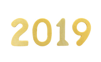 2019 happy New Year with wooden numbers 2019 against white background, with clipping path