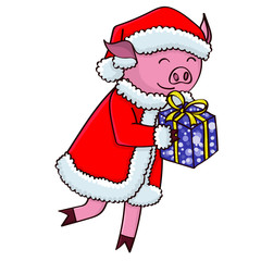 Cartoon pig in santa clothes with gifts