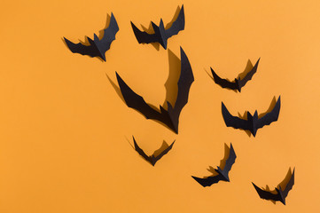 Halloween paper bats overhead view on a solid color