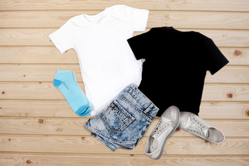 Black and White Tshirt on White Wooden Background