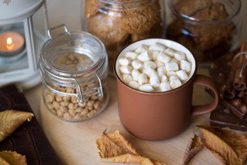 Cocoa with milk and chocolate in a mug. Hot drink in the cup. The season of autumn. Warm domestic atmosphere. Cozy house.