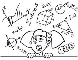 Cute cartoon girl and math and geometry formulas and problems on chalkboard. Education vector illustration.