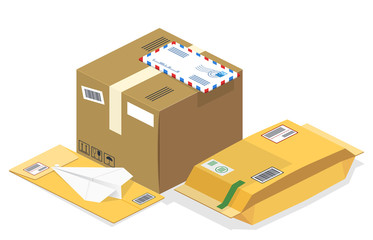 Vector realistic isometric illustration, a set of postal parcels, packages, registered letters, mails ready for fast delivery to the recipient, isolated on white background - obrazy, fototapety, plakaty