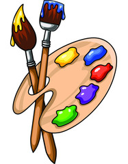 Cartoon wooden art Palette with paints and two brushes isolated on white background, vector illustration