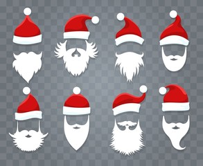 Santa hats and beards. Vector santa xmas face with hat or cap and christmas beard