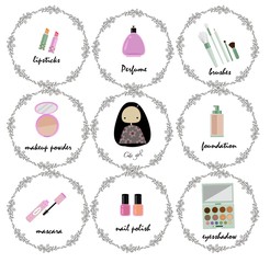 set of vintage floral circle with cosmetic