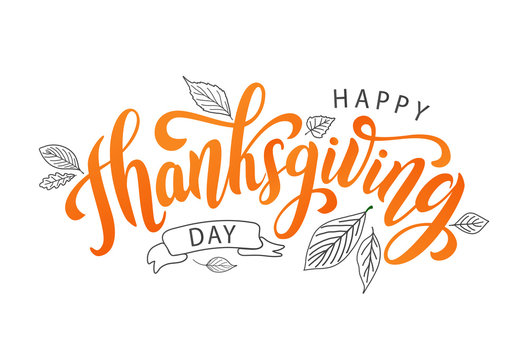 Happy thanksgiving day with autumn leaves. Hand drawn text lettering. Vector illustration. Script. Calligraphic design for print greetings card, shirt, banner, poster. Colorful fall