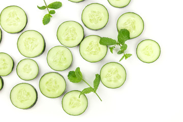 Sliced cucumber and mint background with copyspace