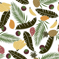 Fototapeta premium Tropical background with palm leaves exotic fruits. Seamless floral pattern. Summer vector illustration. Flat jungle print