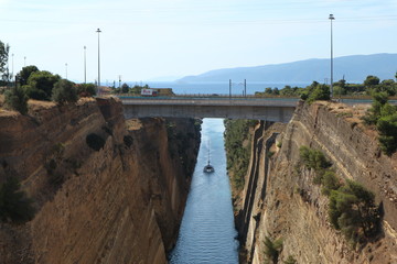 View to Corinth canal and the boat, Peloponnese, Greece