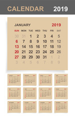 Calendar 2019 - Set of monthly calendar on brown paper and white wood background. Vector.