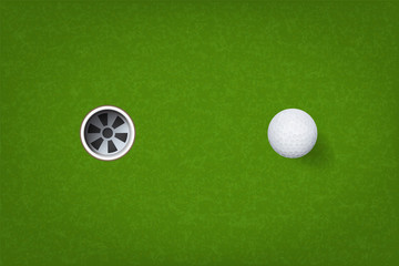 Naklejka premium Golf ball and golf hole on green grass background. Vector.