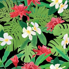 Tuinposter Seamless pattern of plumeria with red torch ginger flowers and tropical monstera leaves background. Vector set of exotic tropical garden for holiday invitations, greeting card and fashion design. © mamsizz