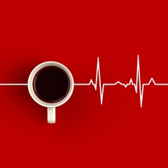 Top view of a cup of coffee in the form of heart rhythm isolated on red background, Coffee concept illustration, 3d rendering