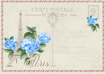 Old blank postcard with post stamps and eiffel tower with spring flowers. Vector illustrtion.