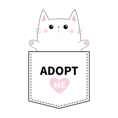 Cat pocket. Paw print. Adopt me. Pink heart. Cute cartoon animals. Kitten kitty character. Dash line. Pet animal collection. T-shirt design. Baby background. Isolated. Flat design