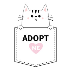 Cute cat hands pocket. Adopt me. Pink heart. Cartoon animals. Kitten kitty character. Dash line. Pet animal collection. T-shirt design. Baby background. Isolated. Flat design