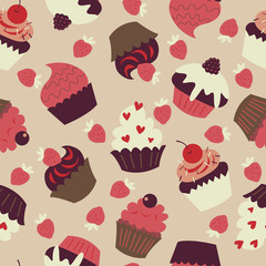 Seamless background with cute cupcakes and strawberries