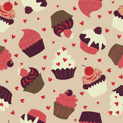 Seamless background with cute cupcakes on a beige background