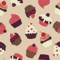 Seamless pattern with cute cupcakes on a beige background