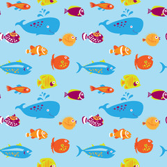 Seamless pattern with cute fishes on a blue background