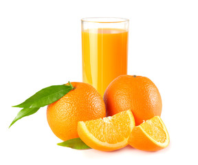 orange juice with orange and green leaf isolated on white background. juice in glass