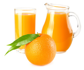 orange juice with orange and green leaf isolated on white background. juice in glass