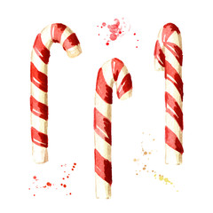 Christmas candy cane set. Watercolor hand drawn illustration, isolated on white background