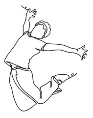 happy man jumping isolated on white. continuous line drawing. Vector illustration. Isolated
